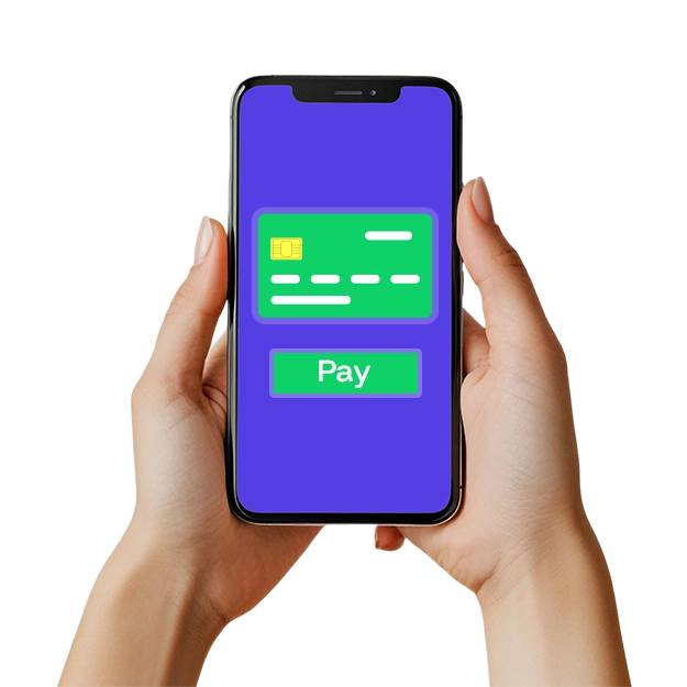 A user holds a smartphone displaying a credit card and "Pay" button, showing credit card payments simplified for convenience and efficiency.