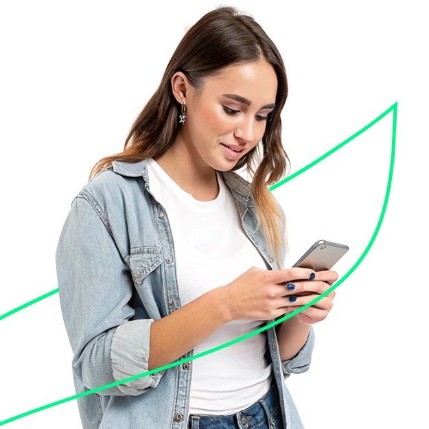 <br />
Custom Checks Made Simple: A young woman with long brown hair, wearing a white t-shirt and a denim shirt, smiles softly while looking down and typing on a smartphone. A green line, resembling an upward-trending graph, curves around her.