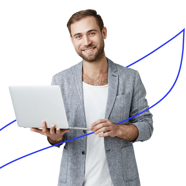 A Man Using A Laptop to Make Payments. Printing Checks Online with Blank Stock Papers Saves Up to 80% on Costs