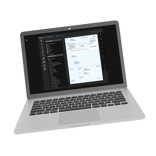 <br />
Design & Print Checks with Ease: A laptop displaying check printing software, showing options to customize check elements and a preview of a check.