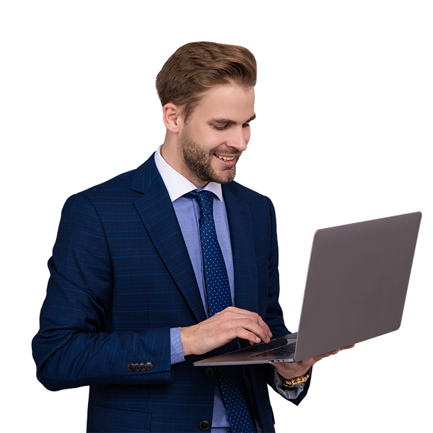 <br />
A smiling businessman in a suit uses a laptop, representing the efficiency of linking multiple accounts and printing checks.