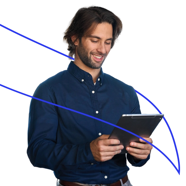 <br />
Connect, Manage, and Print: A smiling man with dark hair and a beard, wearing a blue long-sleeved shirt, looks down at a tablet he holds with both hands. Dynamic blue lines curve across the foreground and background, suggesting connectivity and efficiency.