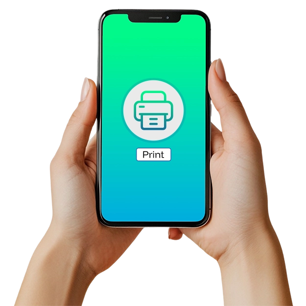 <br />
Create & Print Checks Anytime: Two hands hold a black smartphone upright, displaying a screen with a vibrant green to blue gradient background. A white circular icon with a green printer symbol is centered on the screen, and directly below it is a white button labeled "Print" in black text. The background behind the hands is a mosaic of horizontal rectangles in various shades of brown, red, and beige.