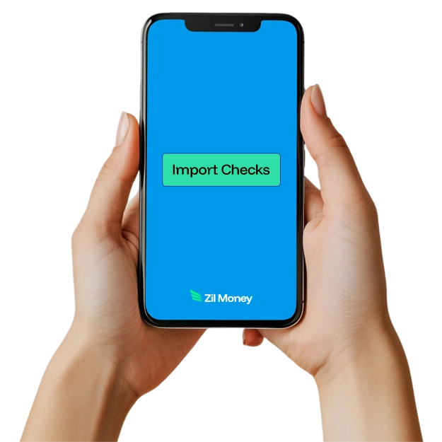 The Easy Way to Handle Payments <br />
The Easy Way to Handle Payments: Two hands hold a smartphone displaying a blue screen with a green "Import Checks" button and the "Zil Money" logo, set against a multi-colored striped background.