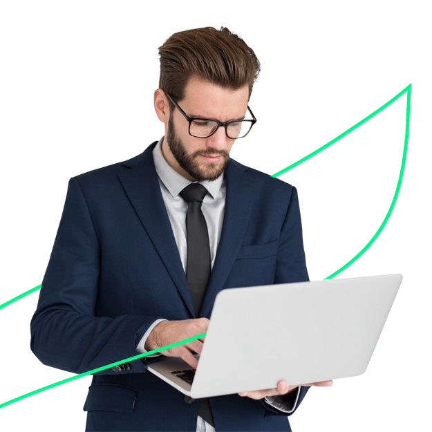 <br />
Print Checks Anywhere, Anytime: A focused man with a beard and glasses, wearing a dark suit and tie, looks down and types on a silver laptop. A bright green line, suggesting an upward trend, curves across the background.