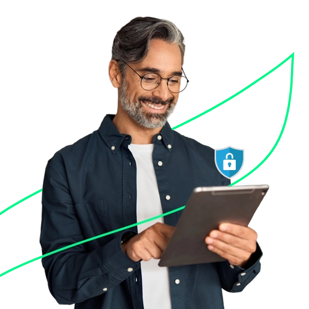 <br />
A smiling man uses a tablet with a security icon, highlighting the efficiency to Eliminate Expensive Pre-Printed Checks.