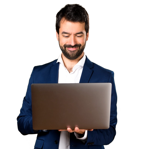 A Man Holding a Laptop To Make Payments. Embark with Microsoft Dynamics 365 Now