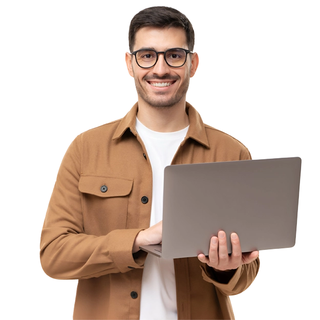<br />
A smiling man in glasses holds a laptop, symbolizing the convenience of Tailor-Made Brilliance in solutions.