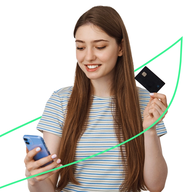 A smiling woman holds a phone and a black card, symbolizing the convenience to Fund Payroll with Ease and manage finances efficiently.