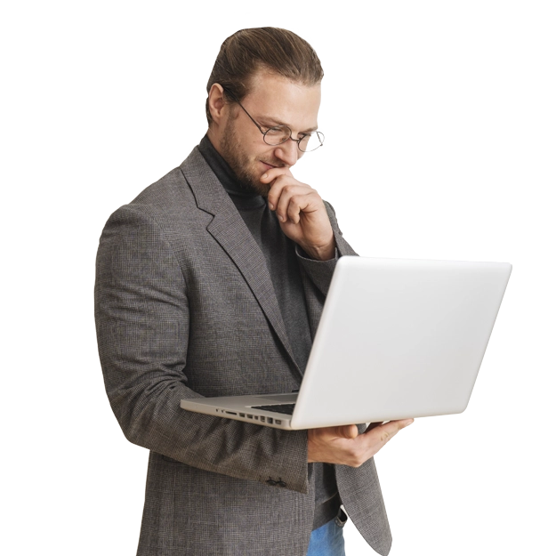 <br />
A man in glasses looks thoughtfully at a laptop, representing the value and efficiency of high-quality checks at a low cost.