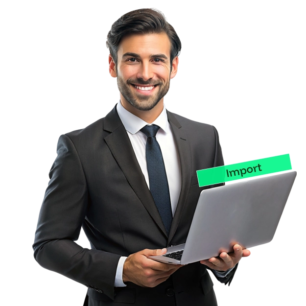 <br />
A smiling businessman holding a laptop with an "Import" label, symbolizing the efficiency of saying goodbye to manual data entry.