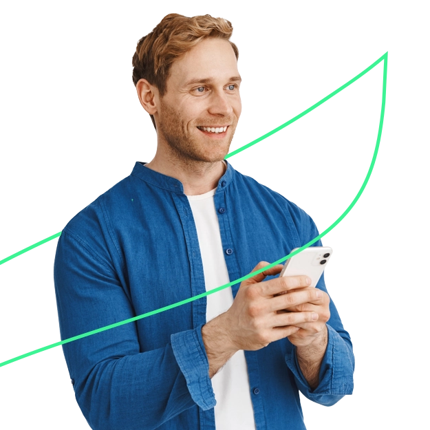 <br />
A smiling man uses his smartphone, suggesting the convenience to Import and Send Checks Effortlessly for improved efficiency.
