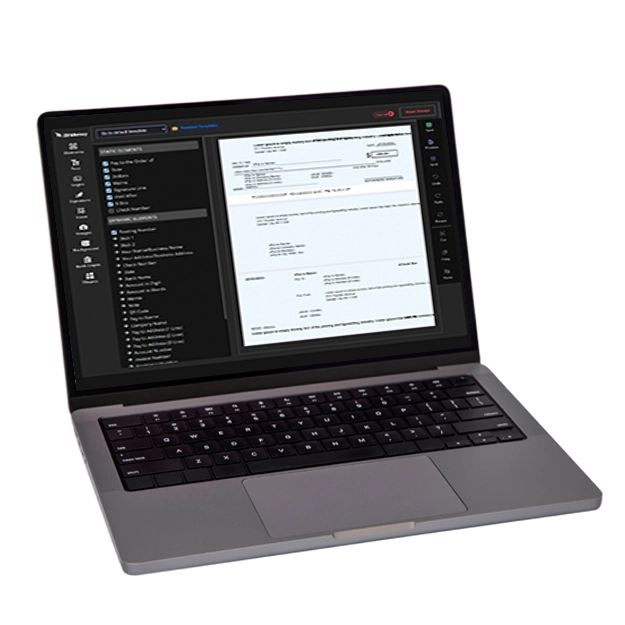 <br />
A laptop displays a check customization interface, highlighting the convenience of creating checks with a personal touch.