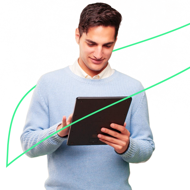<br />
A smiling man looks at a tablet, highlighting the efficiency to Instantly Send eChecks with ease.