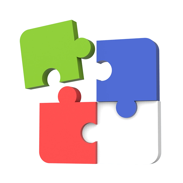 <br />
Easily Import Data and Create Checks: Four puzzle pieces in green, blue, red, and white are interconnected, with the green piece slightly detached from the main block.