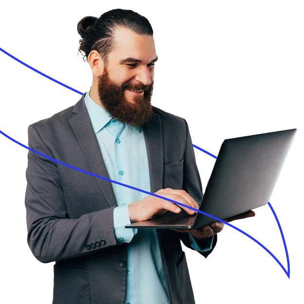 <br />
Easily Integrate with Your Bank Accounts: A smiling man with a long beard and hair tied in a bun, wearing a grey suit jacket and a light blue shirt, looks down and types on a dark laptop. Blue lines, resembling a declining graph, cross the foreground and background.