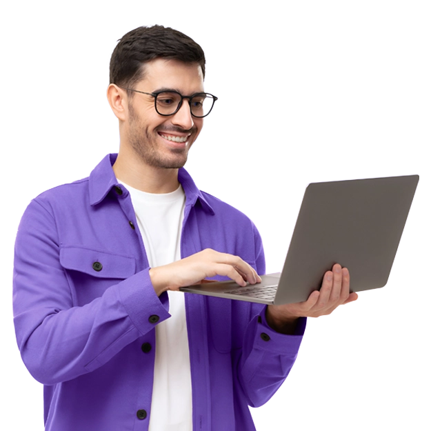 Effortless Financial Integration: A smiling man with dark hair and glasses, wearing a vibrant purple collared shirt over a white t-shirt, stands and types on a dark gray laptop. The background features a soft gradient of purple to pink, suggesting a smooth and modern digital experience.