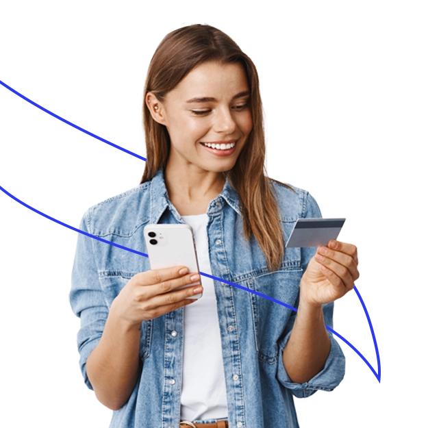 <br />
A smiling woman holds a phone and credit card, demonstrating how to easily fund payroll with a credit card.