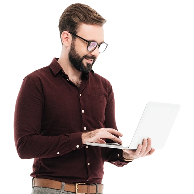 <br />
A smiling man with a beard and glasses uses a laptop, representing the convenience to Keep Your Finances Secure.