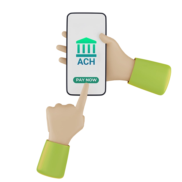 A stylized hand points at a smartphone displaying an ACH payment screen, symbolizing efficient and Low-Cost Payment Processing.