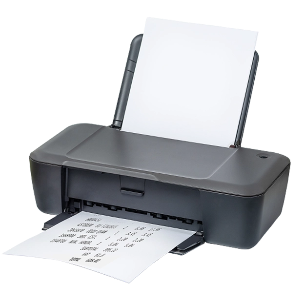 <br />
Print Checks, Save Big: A dark grey inkjet printer with paper loaded in the top and a printed document partially emerging from the front output tray, suggesting efficient printing.