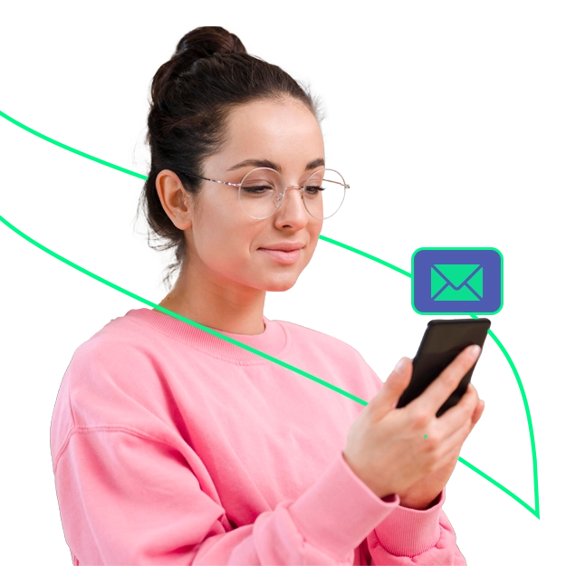 <br />
Secure & Fast Check Mailing: A woman in a pink sweatshirt and glasses looks at her smartphone, with a green mail icon and lines suggesting digital communication.