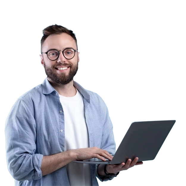 <br />
A smiling man with glasses happily works on a laptop, symbolizing the ease to Make Your Checks Unique.