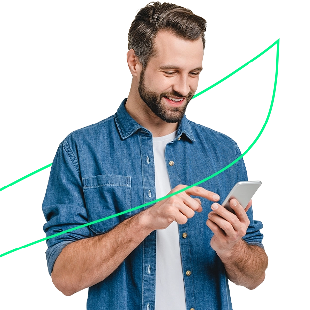 <br />
A smiling man uses a smartphone with a rising green graph, symbolizing the efficiency and convenience to make your checks uniquely yours.