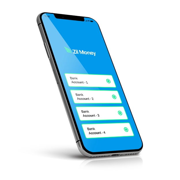 Manage Multiple Accounts Easily on a Smartphone Screen Showing the Zil Money App Interface with Options to Access Multiple Bank Accounts in One Place.