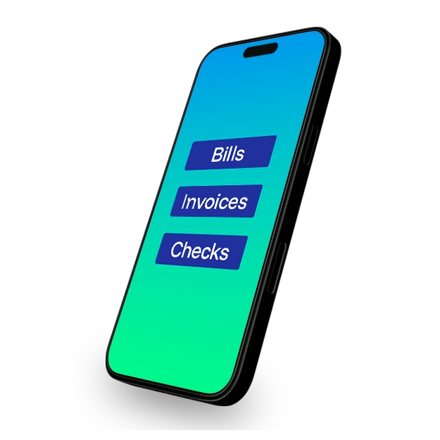 <br />
A smartphone screen displaying "Bills," "Invoices," and "Checks" highlights the convenience of multiple payment options.
