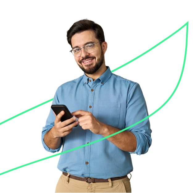 A smiling man in glasses uses his phone next to an upward green arrow, representing efficient transactions with no more "card not accepted" issues.