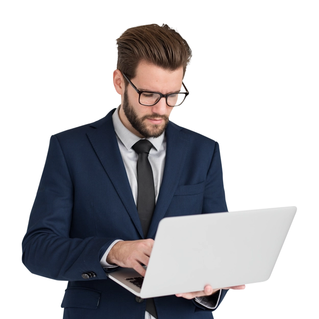 A Man Using A Laptop to Make Payments Easily. Print Check At Home Or Office Instantly Create, Print & Track Yourself Or Send eCheck.