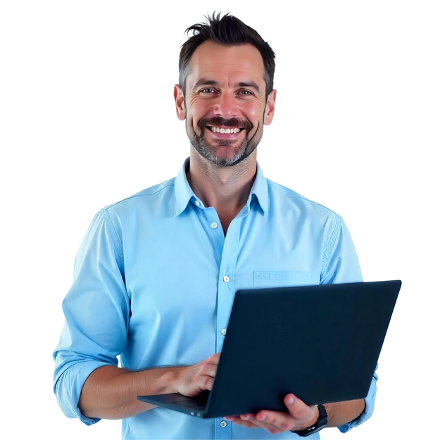 A smiling man holding a laptop, symbolizing how Payments Made Simple and Fast enhance efficiency and convenience.