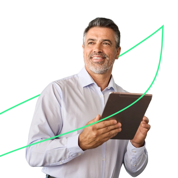 Perfect Your Check Process with a Confident Man Holding a Tablet, Symbolizing Precision, Customization, and Control in Digital Check Creation.