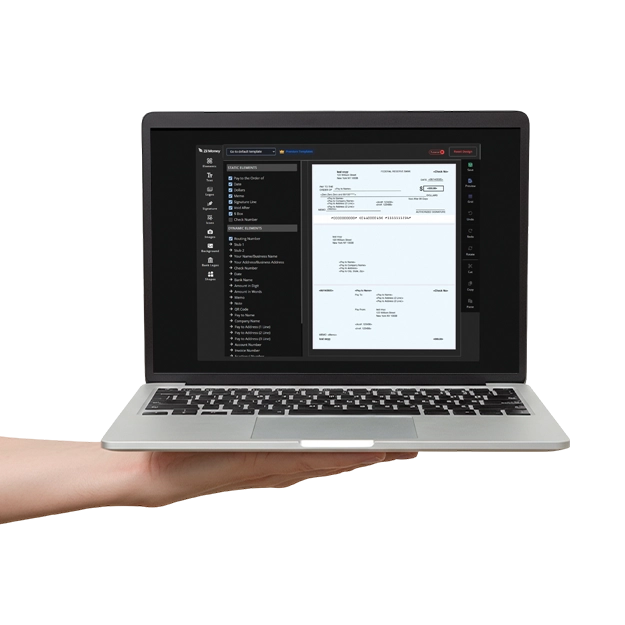 <br />
Personalized Check Designs: A hand holds a silver laptop displaying a dark interface with a check customization template and various design options.