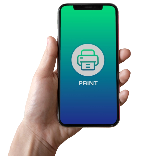 Create & Print Checks with Ease: A hand holds a smartphone displaying a green to blue screen with a printer icon and a "PRINT" button.