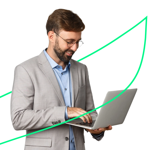 <br />
Customize Checks, Impress Every Time: A smiling man with a beard and glasses, dressed in a light grey suit jacket and blue shirt, stands and works on a silver laptop, with a large, bright green upward-curving line behind him, suggesting progress or success.