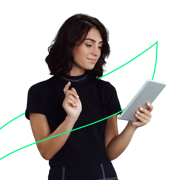 <br />
Three Ways to Pay with Custom Checks: A smiling woman in a black shirt looks at a tablet, with a green upward trending graph in the background.
