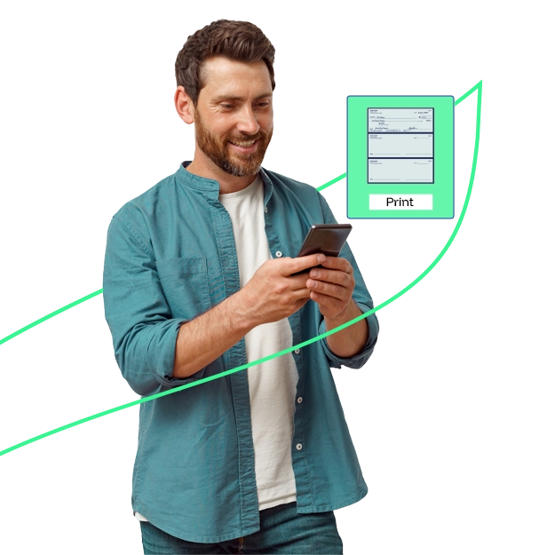 <br />
Print Checks on Blank Stock Paper: A smiling man with a beard and dark hair, wearing a teal button-down shirt over a white t-shirt, is looking down at and interacting with a black smartphone he holds in both hands. To his upper right, a stylized green rectangle with a dark blue border depicts a check, along with a "Print" button below it. A curved, bright green line sweeps from the lower left towards the upper right, passing behind the man and ending near the check graphic, suggesting growth or an upward trend. The background is plain white.