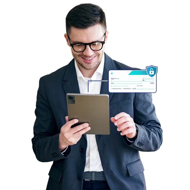 Protect Your Payments with Secure Digital Check Solutions - Confident Professional Using a Tablet to Manage and Safeguard Financial Transactions.