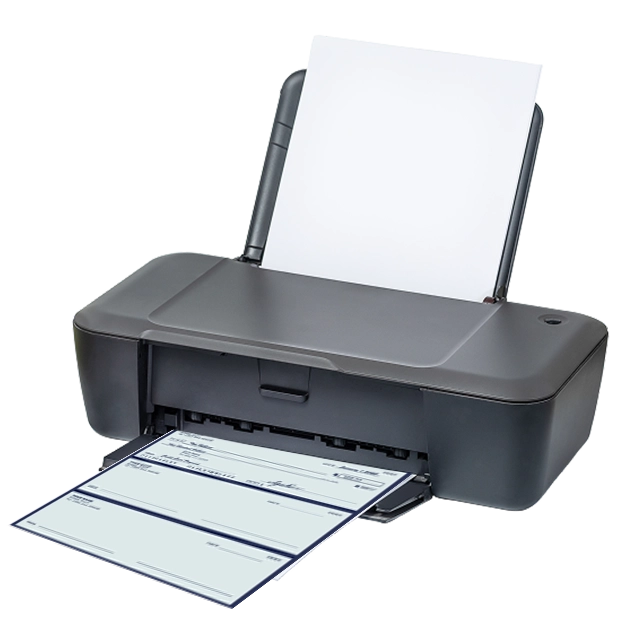 No More Costly Pre-Printed Checks: A black desktop printer with blank paper loaded in the top and a partially printed check emerging from the front, illustrating efficient custom check printing.