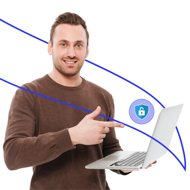<br />
Security & Fraud Prevention: A smiling man holding a laptop and pointing to it, with a shield and padlock icon indicating security.