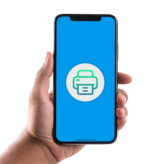 Save Money with Blank Check Stock Paper Shown by a Hand Holding a Smartphone Displaying a Print Icon on a Blue Screen, Symbolizing Mobile Check Printing Solutions.
