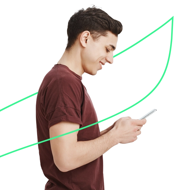 A young man smiling while using his phone, with a rising green arrow indicating the efficiency of an All-In-One Payments Platform for All Your Business Needs.