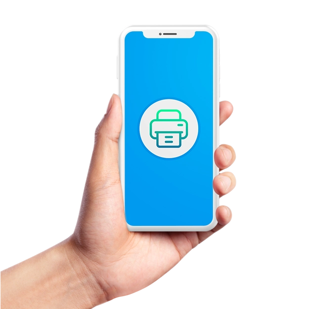 Save on Check Printing Costs with a Smartphone App Featuring a Print Icon, Shown in a Hand, Symbolizing Affordable and Efficient Mobile Check Printing Solutions.