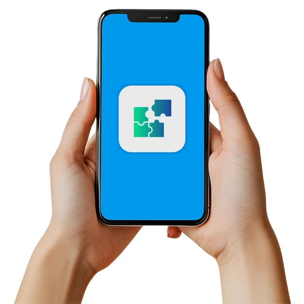 A user holds a smartphone displaying an app icon with interlocking puzzle pieces, symbolizing seamless Integration with Banks and Accounting Software.