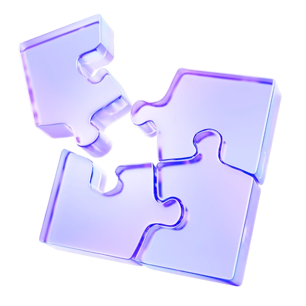 <br />
Seamless Accounting Software Integration: Three glossy, translucent purple puzzle pieces are shown, with one piece detached and slightly above the other two, suggesting connection.
