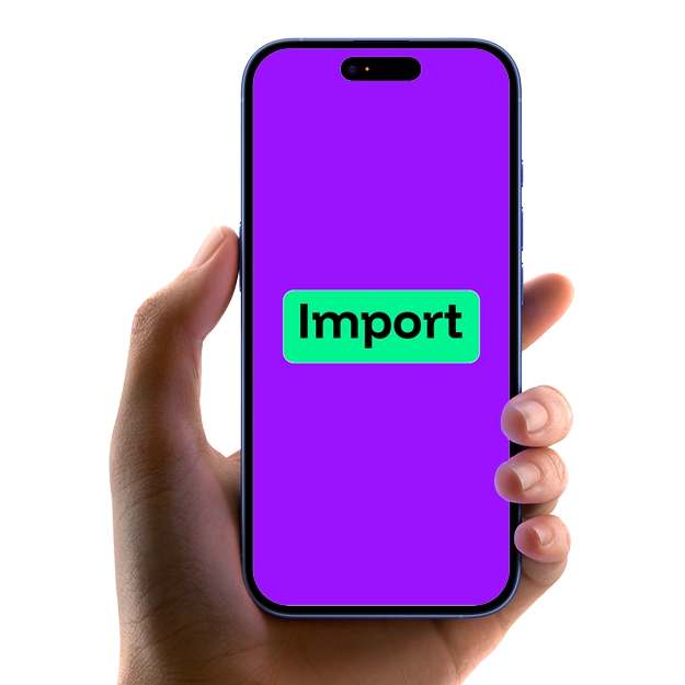 Seamless Check Importation from Accounting Software Shown by a Hand Holding a Smartphone with a Bright Purple Screen and a Green “Import” Button Displayed Prominently.