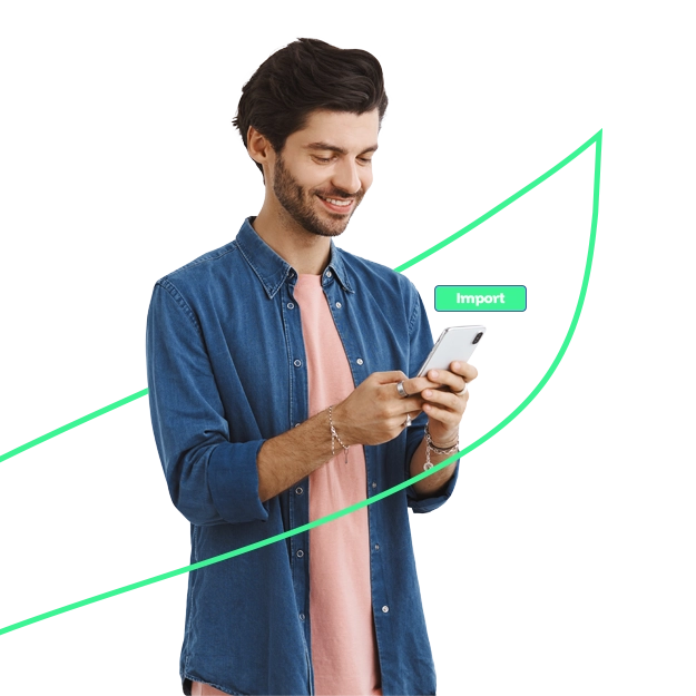 <br />
Integrate with Accounting Software for Efficiency: A smiling man in a denim shirt and pink t-shirt uses a smartphone, with a green upward trending graph and an "Import" button in the background.