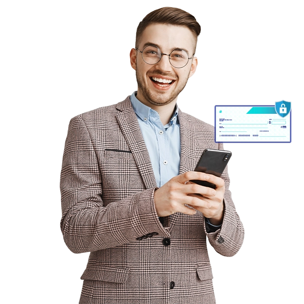 <br />
Prevent Fraud with Built-in Security Measures: A smiling man in glasses and a plaid jacket holds a smartphone, with a check graphic showing a lock icon.